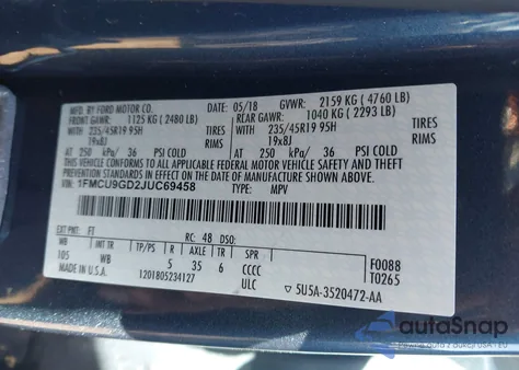 2018 Ford Escape Se из США, поврежденный, VIN 1FMCU9GD2JUC69458